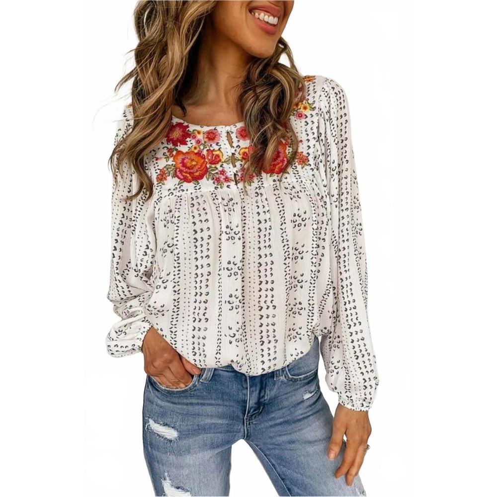 NEW LOVESOFT long sleeve embroidered print blouse in white